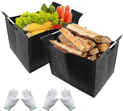 2 PièCes Sac A Buches De Bois 40X50X33 Cm Sac à BûChes En Feutre Avec PoignéE De Transport Grande Panier à BûChes En Feutre Avec 2 Paires De Gants Pour Bois De CheminéE/Jouets/VêTements/Shopping