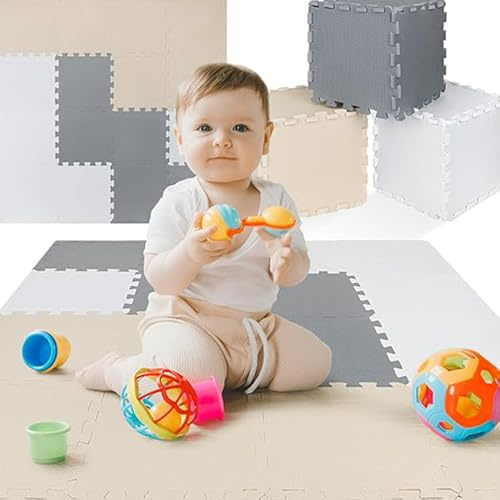 TOYVELT 16-Pack 12x12 Foam Puzzle Floor Mat for Kids - Interlocking EVA Play Mats with Colors - Educational, Non-Toxic Flooring for Crawling, Playroom & Nursery (Cream/Grey/Beige)
