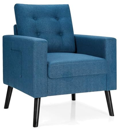 RELAX4LIFE Polstersessel, Relaxsessel mit Rücken-& Sitzkissen, Einzelsofa mit Holzbeinen& 2 Seitentaschen, Wohnzimmerstuhl mit Sitztiefe von 53cm, für Wohnzimmer Schlafzimmer Büro, 81×67×86cm (Blau)