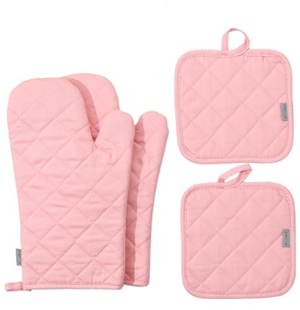 Ofenhandschuhe und Topflappen, 4-teiliges Set, hoch hitzebeständig, 500 Grad, extra dick, lang, Küchenhandschuhe aus Baumwolle zum Kochen (30,5 cm, Rosa)