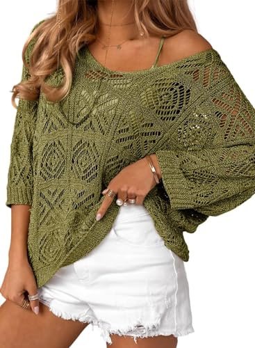 Dokotoo Spring Sweaters for Women 2026 Knit Top 3/4 Short Sleeve Sweaters Lightweight Outfits Clothes Sexy Round Neck Crochet Tops Off Shoulder Sweater Jungle Green Medium