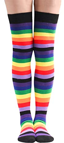 Feelorna 1 paio di calze al ginocchio da donna, morbide a strisce lunghe, per cosplay quotidiano, Strisce arcobaleno., Taglia unica
