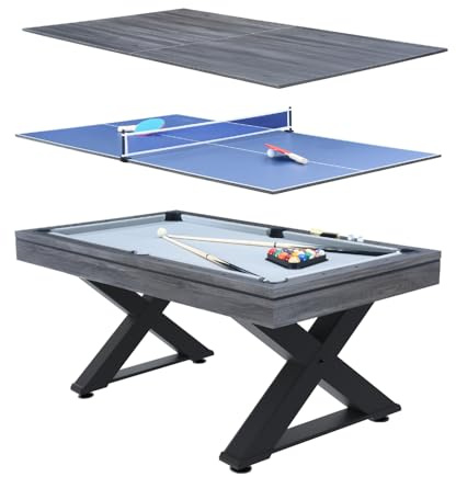 CONCEPT USINE | Tavolo multigioco 3 in 1 Biliardo e Ping-Pong Texas + Accessori | Design moderno in legno grigio | Tavolo da gioco o pranzo | Materiali di qualità | Famiglia o tra amici
