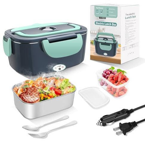 Electric Heated Lunch Boxes Adults: 80W Electric Lunch Box Food Heated 12/24/110V 1.5L Heatable Lunch Box for Car/Truck/Office Leak-Proof Stainless Steel Container, Fork & Spoon, Bag (Grey+Green)