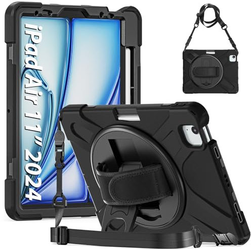 Gerutek Hülle für iPad Air 7./6. Generation 11 Zoll (M3/M2) 2025/2024, iPad Air 5./4. Generation 2022/2020 10,9 Zoll Stoßfeste Robust Schutzhülle mit Drehbar Stände Stifthalter Schultergur, Schwarz