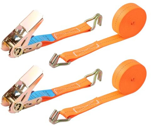 Pamatio 2 Set Ratchet Tie Down Straps, 800 kg Heavy Duty Tensioning Straps, 5M x 25mm, Adjustable Ratchet Straps with Double Metal J-Hooks for Motorcycle, Van, Trailer, Home, Cargo Moving