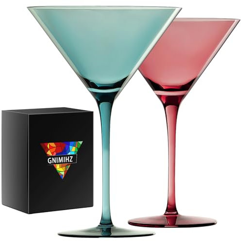 Gnimihz Colored Martini Glasses Set of 2, Hand Blown Premium Crystal Cocktail Glasses, for Bar, Martini, Cosmopolitan, Manhattan, Gimlet, Pisco Sour Stem Colored Red&Green