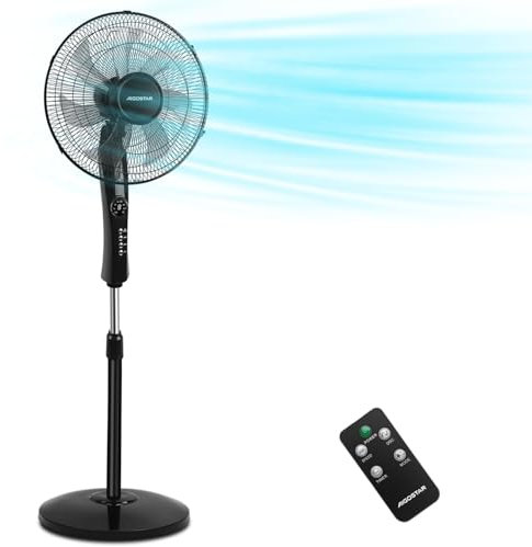 Aigostar 7 Blades Pedestal Standing Fan 16 Inch with Oscillating, 3 Speed Floor Fan with Remote Control, 9 Hour Timer, Powerful 1250r/min Cooling Fan, Adjustable Height & Tilt Angle, Black - Dave
