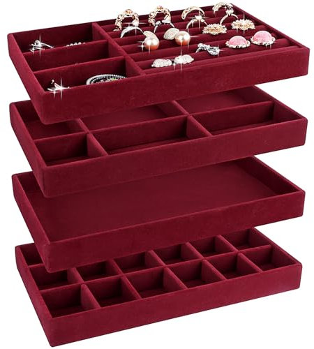 LWAIX Jewellery Storage Drawer Jewellery Trays Jewellery Organiser Drawers for Jewellery Drawer Insert Storage Organiser System Earrings Bracelet Rings 4 Pieces (Red)