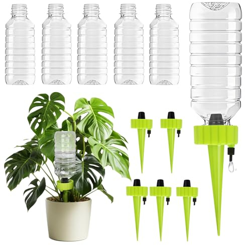 6 Set Self Watering Planter Insert Spikes, Indoor Plant Watering Devices 6pcs Slow Release Auto Vacation Plant Waterer Stakes 6pcs 20oz Plastic Bottles with Adjustable Valve Switch Control for Garden
