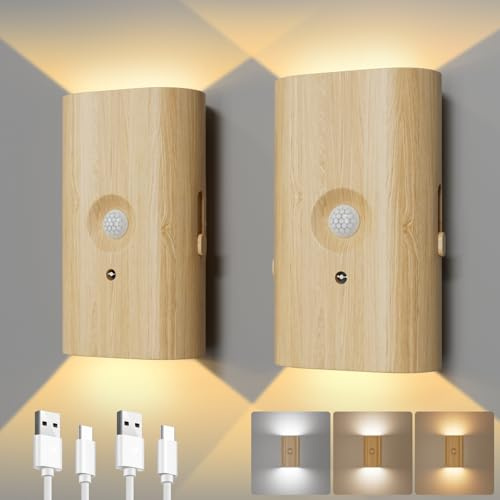 Electight Holz Wandleuchte mit Bewegungsmelder, 2 Stück Kabellos | LED Wandlampe mit 3 Farbtemperaturen, Wandleuchte Innen für Treppenhaus, Flur, Wohnzimmer
