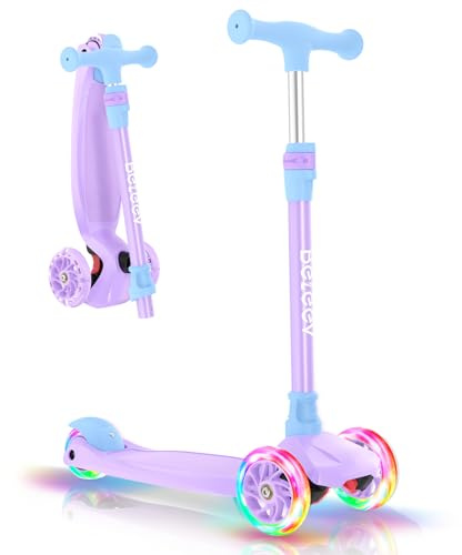 BELEEV A3 Scooter för Barn 3 År, 3-Hjulig Sparkcykel för Barn med LED-ljus, 5 Höjdjusterbara Hjul, Lutande Styrning, Halkfritt Däck, Premium Barnsparkcykel för 3-12 År Gamla Flickor och Pojkar, Lila