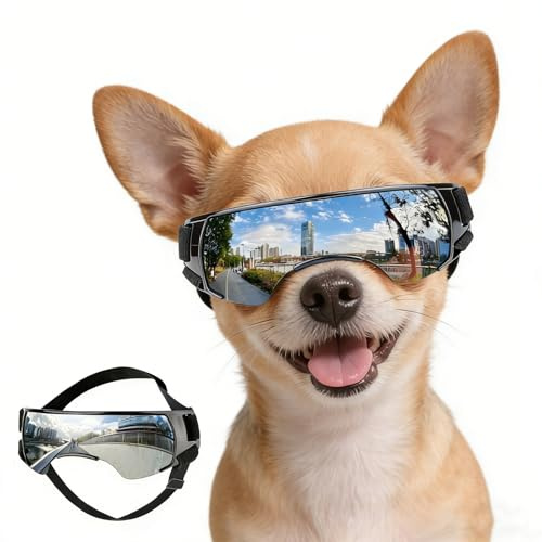 NAMSAN Dog Goggles Small Breeds, UV Protection Dog Glasses for Small Dogs, Puppy Sunglases Windproof Dustproof Driving Eye Protection, Adjustable, Cute Silver