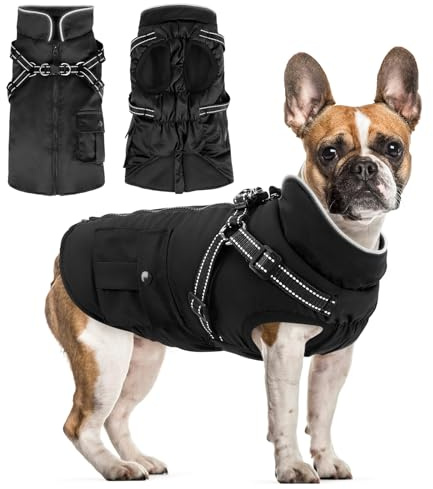 Woiil Hundemantel Hundejacke Wintermantel für Kleine Hunde, Hundemantel Winter mit Geschirr, Hunde Wintermantel Ärmellose Baumwolle Gepolsterte Weste Wasserdicht Warme Reflektierend, Schwarz S