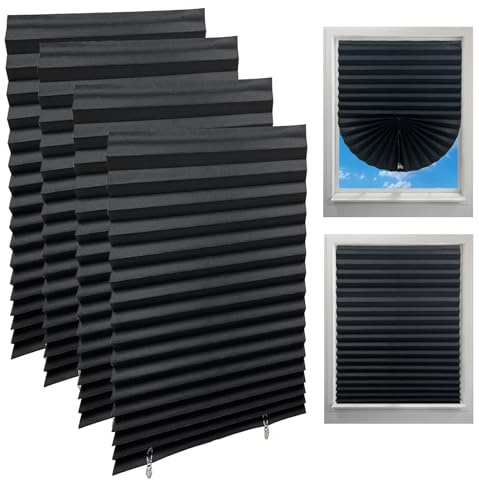 Laaorr 4 Pack Temporary Blinds for Windows 60x150cm Self Adhesive Blinds High Blackout Pleated Paper Blind with Clips No Drill Blind for Bathroom Bedroom Kitchen Temporary Window Coverings (Black)