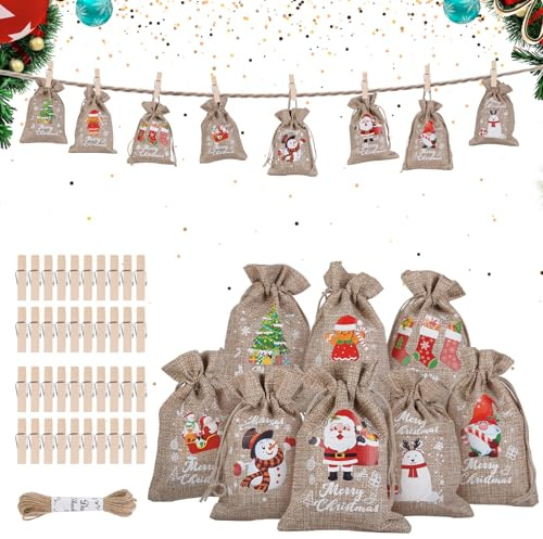ilauke 36 stycken jul, jutepåse 13 x 18 cm, jutesäck, liten tomtesäck, tygpåsar med dragband med 40 träklämmor och 10 m hamparep för adventskalender gör-det-själv festgåvor, dekoration, julgran