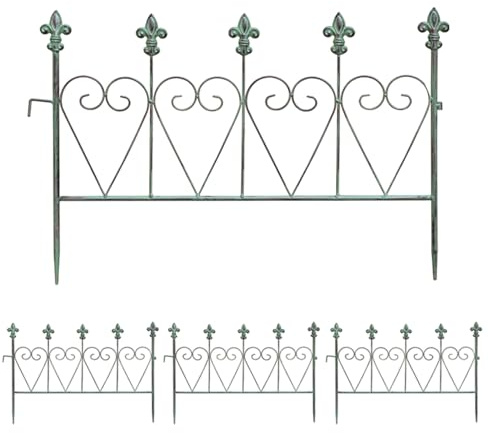 Garden Fence Border Panels Rustproof Wrought Iron Animal Barrier for Flower Beds & Trees No Dig Installation Decorative Green Garden Edging (Set of 4)