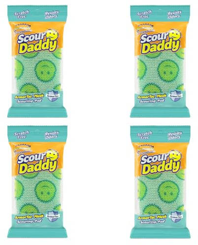 Scrub Daddy Scour Daddy Essentials, 4er-Pack | Scheuerschwämme, Kratzfreie Scheuerpads, Extra Starke Reinigungspads für Geschirr, Alternative zu Metallscheuern
