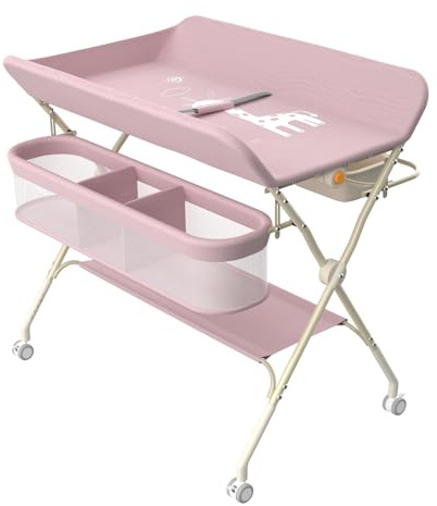 Klappbare Wickelkommode, Baby Wickelkombi, mobiler Wickeltisch mit Wickelauflage und Ablagefächern, platzsparend und stabil,75 x 68 x 83–91 cm (A) (Rosa)