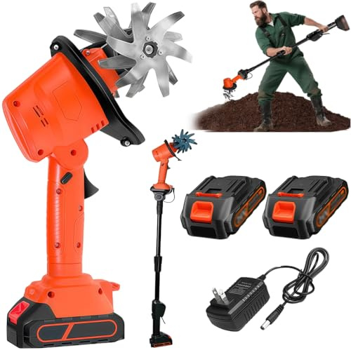 PRMTYUP Electric Garden Rotavator, Cultivator & Rotavator, Cordless Tiller Cultivator, 10cm Tilling Width, 10cm Working Depth, Soil Tiller Rotavator for Farm,Yard,Lawn,with 2 batteries