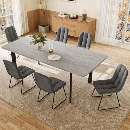 JIEXI Esstisch Mit 4-8 Stühlen Set, Essgruppe Tisch Ausziehbar, Moderner, Stilvoller MDF-Platten Esstisch Für Das Wohnzimmer (160-200cm Tisch + 6 graue Stühle mit U-förmigen Beinen)