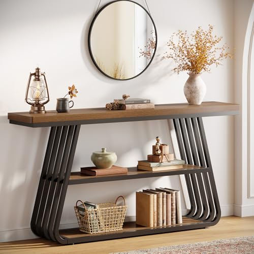 Tribesigns Table Console de 140 cm avec étagères, Console de Couloir à 3 Niveaux, Bout de Canapé avec Structure en Fer, Table d'entrée en Bois pour Salon, Hall d'entrée, Couloir, Style Industriel