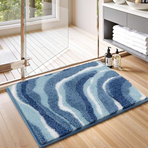 Enyhom Badematte rutschfest 60 x 90 cm, Weicher Dicker Blau Badezimmerteppich Waschbar Badteppich, Super Saugfähig Flauschig Schnelltrocknend Duschvorleger, Mikrofaser Klein Bad Teppich für Badewanne
