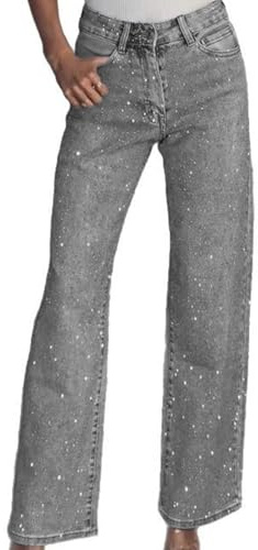 Vaqueros con Pedrería para Mujer Elásticos de Pierna Recta Ancha y Cintura Alta Vaqueros Desgastados con Brillo y Purpurina Pantalones Holgados de Moda Tobillo Y2k Ropa Urbana (Gris,XL)