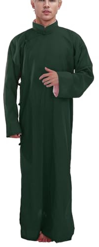 MODSGUE Costume string pour homme Style chinois Robe longue avec col montant Couleur unie Manteau Kimono Caftan Vêtements de prière Arabe Kung-Fu Vêtements à manches longues Veste uniforme, Vert armée