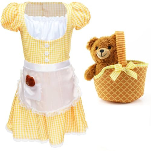 Girls Goldilocks Costume & Soft Bear & Basket - Medium - Yellow Gingham Fairytale Dress with White Apron and Plush Bear Accessory - Classic Goldilocks Storybook Character Fancy Dress World Book Day