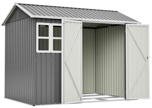 Thanaddo 8×6ft Gerätehaus Metall Groß Geräteschuppen 250x180x200cm mit Fundamentrahmen, Wetterfest Gartenhaus mit Fenster & Abschließbarer Tür, Gartenschuppen für Outdoor Garten Hinterhof, Grau