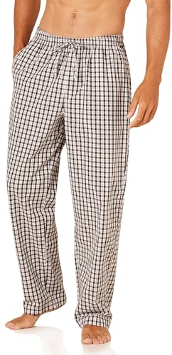 Amazon Essentials Pantalones de Pijama de Popelina de Algodón de Corte Recto con Cintura Elástica con Cordón Hombre, Negro Gris Cuadros Escoceses, XL
