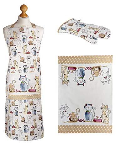 SPOTTED DOG GIFT COMPANY Cat Apron Oven Glove & Tea Towel Set of 3 | Cute Kitchen GiftSet Gifts for Cat Lovers and Owners