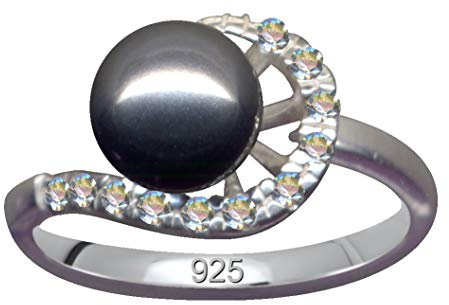 Fingerring Ring Perle Grau Echt Sterling Silber 925 Zirkonia Kristalle Liebe Glaube Hoffnung Emotion Symbol Motiv Stil Objekt extravagant neu gut schön modisch weiss klar transparent