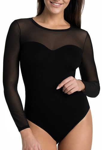 Teyli Body donna con maniche lunghe e scollo in rete – intimo elegante e elastico che si adatta perfettamente alla silhouette. Nero M