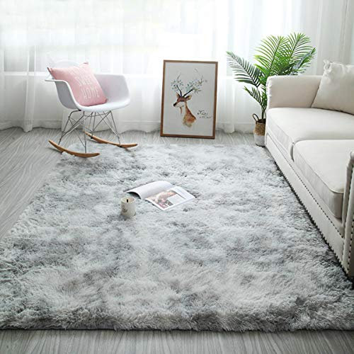 Tinyboy-hbq Area Rugs Fluffy Bedroom Carpet Soft Floor Mat Anti-Slip Living Room Rugs Shaggy Plush Carpets for Living Room Home Decor(Grey white, 120 * 160cm)
