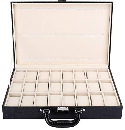 Uhr Aufbewahrungskoffer, 24 Uhrenbox Großes Uhrengehäuse Glasplatte Schwarz Display Organizer Kunstleder