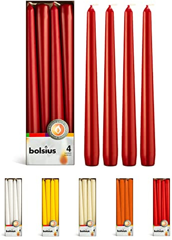 BOLSIUS Dark Red Taper Candles - 4 Pack Unscented 10 Inch Dinner Candle Set - 8 Hours Burn Time - Premium European Quality - Smokeless and Dripless Household Wedding, Spa, and Home Decor Candlesticks