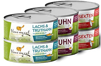 I Love My Cat Starter-Paket mit Katzenfutter Nass Huhn Insekten Lachs und Truthahn Frei von Getreide und Anderen Ungeeigneten Inhaltsstoffen Enthält Natürliche Zutaten 6x100g