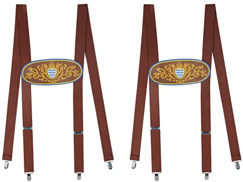 Beistle 2-Pack Bavarian Suspenders, Brown/Blue/Gold/White German Elastic Straps with Metal Clips & Front Fabric Design, Oktoberfest Costume, One Size