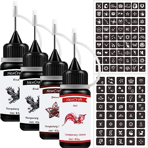 Temporary Tattoos Kit, Permanent Tattoo, 4 Pcs with Three Colors, DIY Tattoos, Full Kit 103 Pcs Adhesive Stencil for Women Men Body Markers - 4 Bottles (Black*2/Red/Brown)