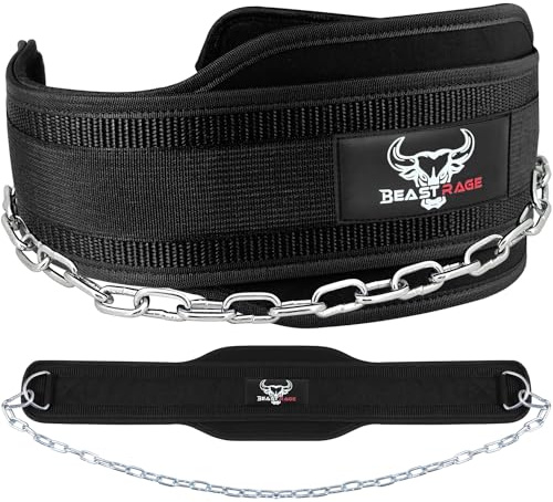 BEAST RAGE Dipbälte Tyngdlyftsbälte med Heavy Duty 36 tums justerbar doppande stålkedja Vadderat neopren Gymbälte Ryggstöd Män Kvinnor Fitness (Black)