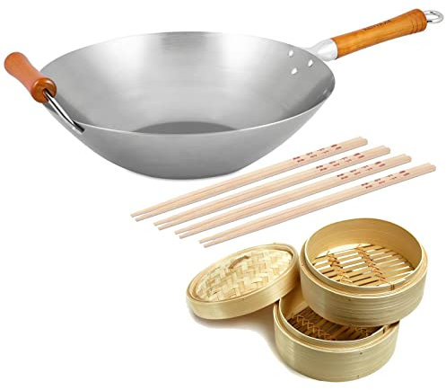 Ken Hom Wok 36 cm Induktion unbeschichteter Karbonstahl - große Stielwokpfanne mit Buchenholz-Stiel & Gegengriff - für verschiedene Herdarten - inklusive Dampfkorb 20 cm & 8-tlg. Essstäbchen