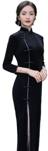 Vestito da Cinese Donna - Stile Cinese Tradizionale Cheongsam Autunno Inverno Velluto Vestito Caldo Fatto A Mano Bottone Vintage Donne Abiti Lunghi Sexy Festa Sottile Qipao, Nero, L