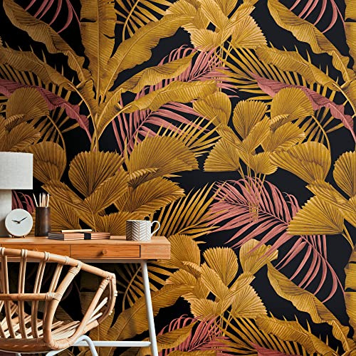 A.S. Création Livingwalls Travel Styles Vliestapete - Tapete mit Blattranken in Schwarz und Gold - tropische Wandtapete für verschiedene Räume in 1,59 m x 2,80 m
