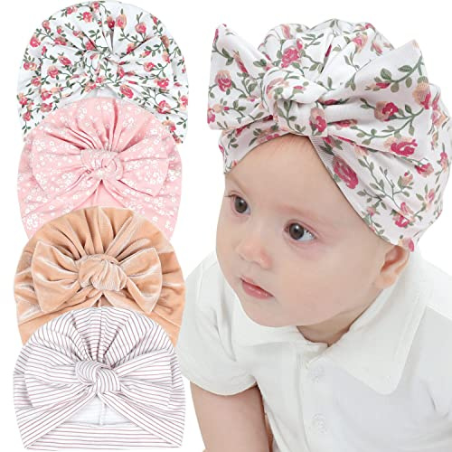 JAWSEU Babymütze Neugeborene Infant Baby Turban Hüte, Neugeborenes Mütze Niedlichen Bogen Beanie Hut Unisex Kleinkind Turban Hut Kopfband für Baby 0-12 Monate (4Pack)