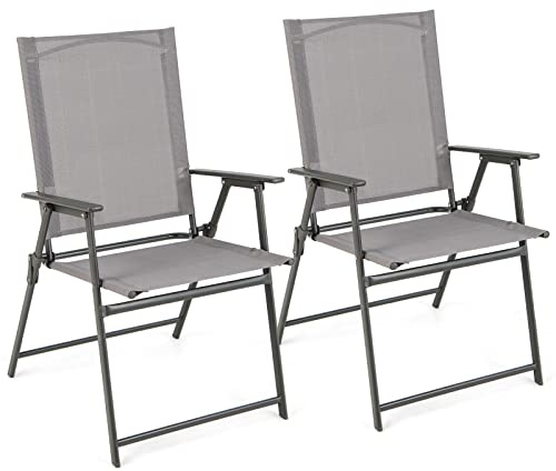 GOPLUS Gartenstuhl Set klappbar, Klappstuhl mit Hochlehner & bequemer Armlehne, Balkonstuhl wetterfest bis 150kg belastbar, Terrassenstühle für Garten Terrasse Balkon (2, Grau)