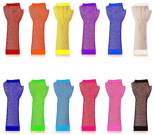 24 Stück lange fingerlose Netzhandschuhe für Mädchen Damen Kostüm 80er Jahre 80er Rockero Vintage Retro Neon Diskothek Halloween Karneval, bunt, One size