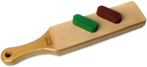 BMC Genuine Leather Sharpening Strop Paddle with Honing Pastes, (3mm Thick Cowhide) 33 x 6.5cm Kit with 14g Polishing Compound, Knife Stropping Block for Honing Knives, Straight Razor, Wood Chisels