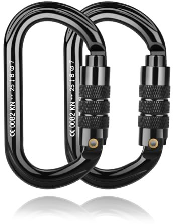 Karabiner Klettern Kletterausrüstung, BOORCA UIAA-Zertifiziert 25 KN Hochleistungs Karabinerhaken für Klettern, Abseilen und Bergsteigen, Rettung, Hängematten, 2 Stück, Schwarz